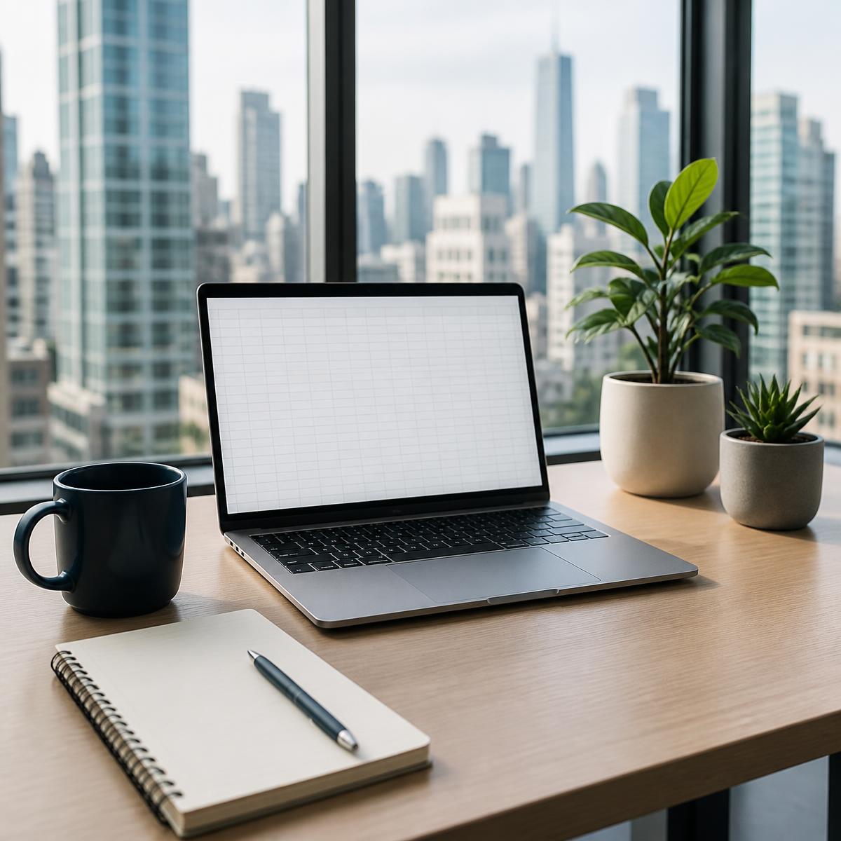 Desk with a laptop and notebook overlooking the city